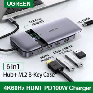 Ugreen 70449 Type C 3.1 To M.2 SSD External Case + HDMI 4K 60Hz + USB 3.1 10Gbps + PD100W + Aux 3.5mm HUB Dock Station